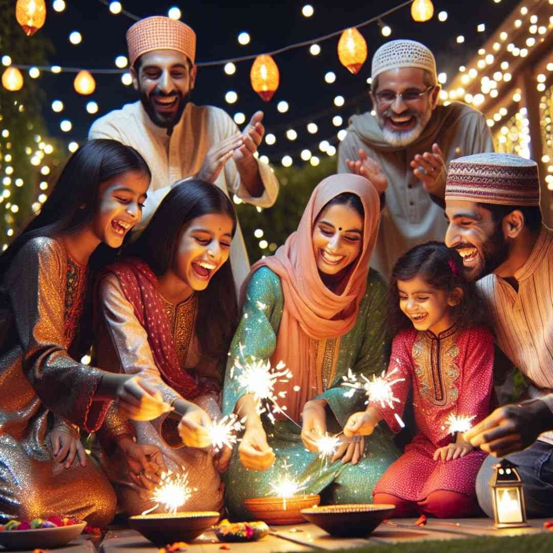 Diwali caption: Family lighting sparklers in a backyard adorned with fairy lights and lanterns, celebrating with joy.