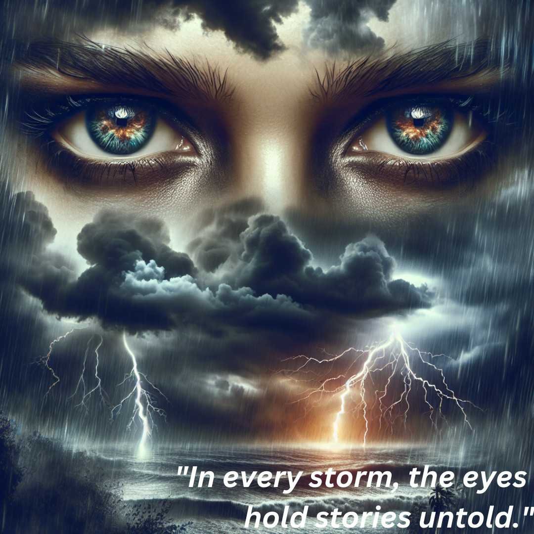 Eyes holding untold stories amidst a storm, conveying mystery and resilience, suitable for eyes caption for Instagram.
