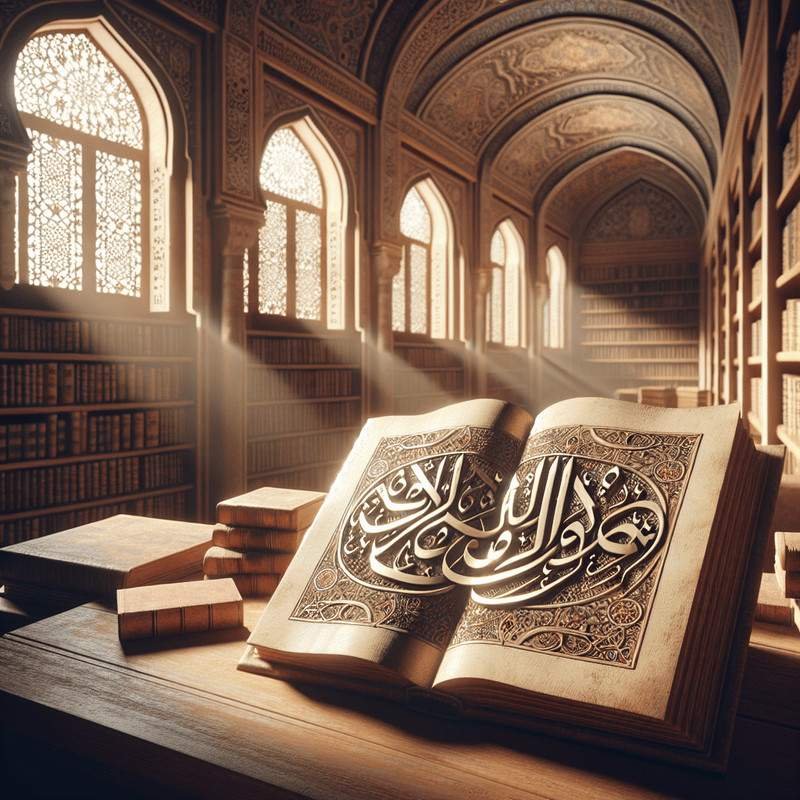 Open Quran displayed in a grand sunlit library with Arabic calligraphy.