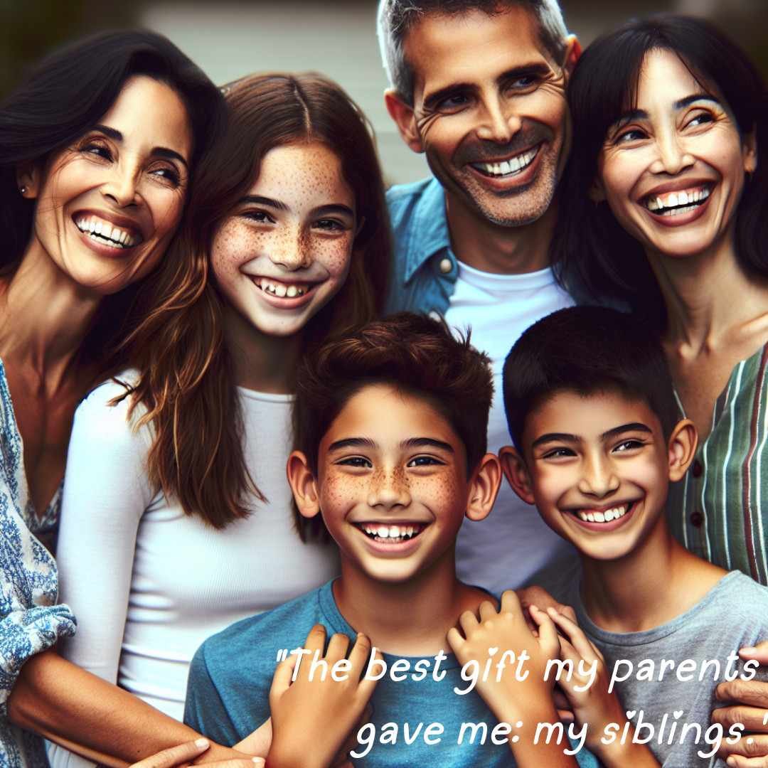 Siblings gathered with parents in a joyful family moment, reflecting the priceless gift of sibling love and unity.
