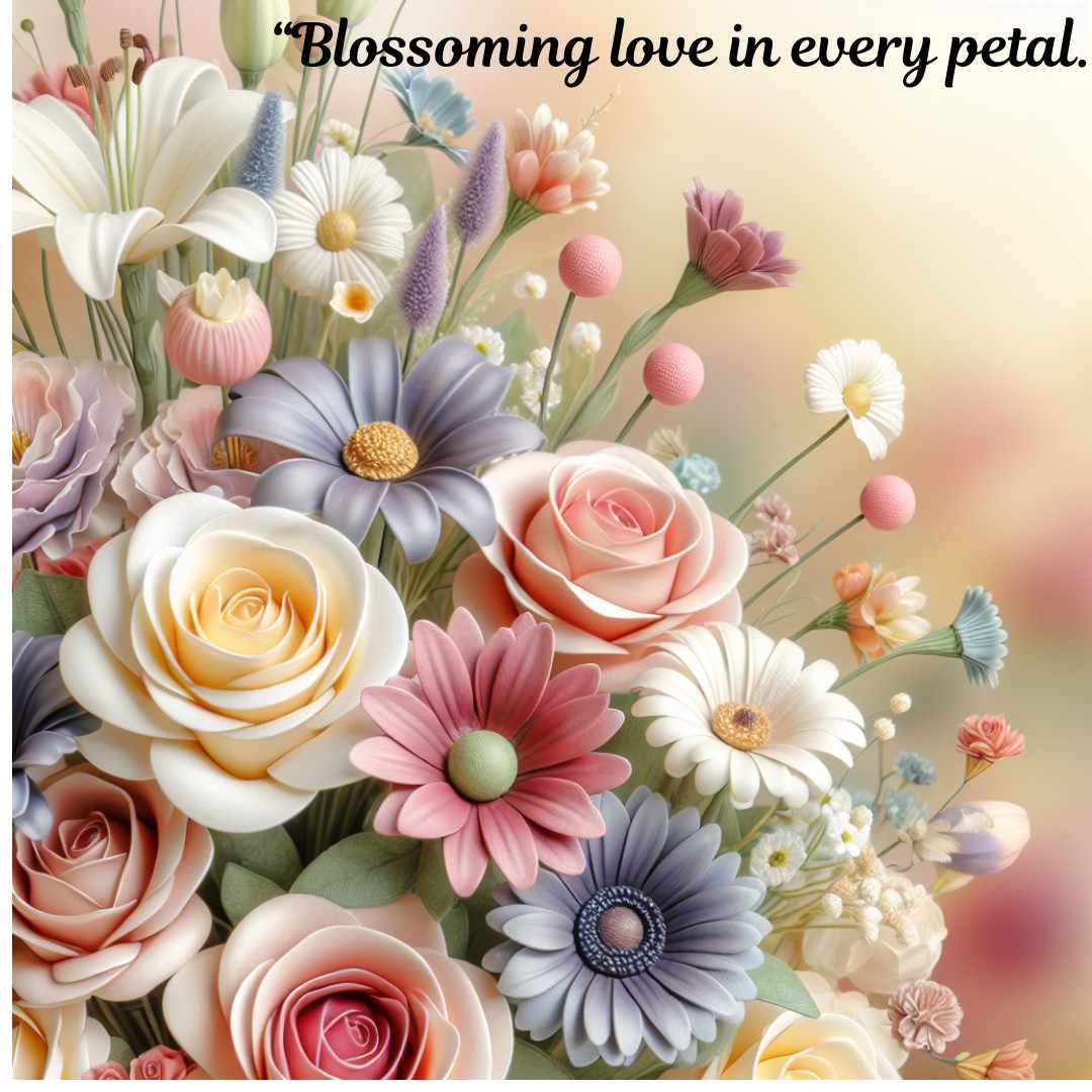 Soft pastel bouquet of blooming flowers with a romantic love quote.