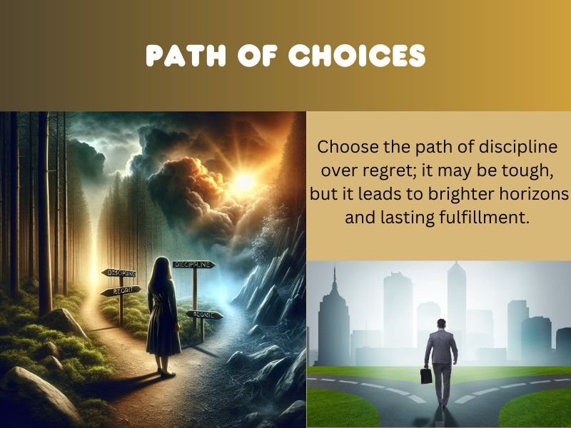 A person stands at a forked path with contrasting skies, symbolizing the choice between discipline and regret.