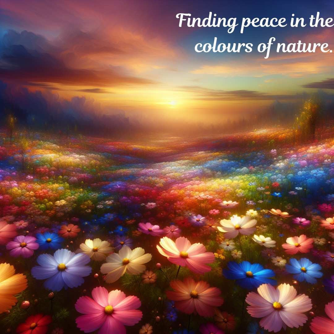 Colorful flower field at sunset with a quote about peace and nature.