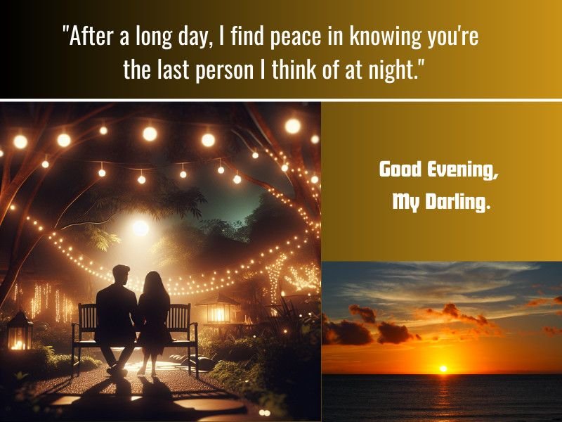 Romantic evening message with a couple sitting under string lights and a sunset view.