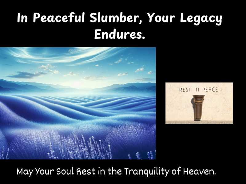 Tranquil blue fields with a casket icon and heartfelt rest in peace message
