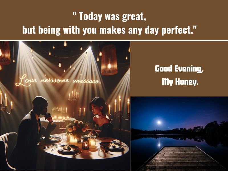 Couple enjoying a candlelit dinner with romantic lights and a peaceful evening lake view.