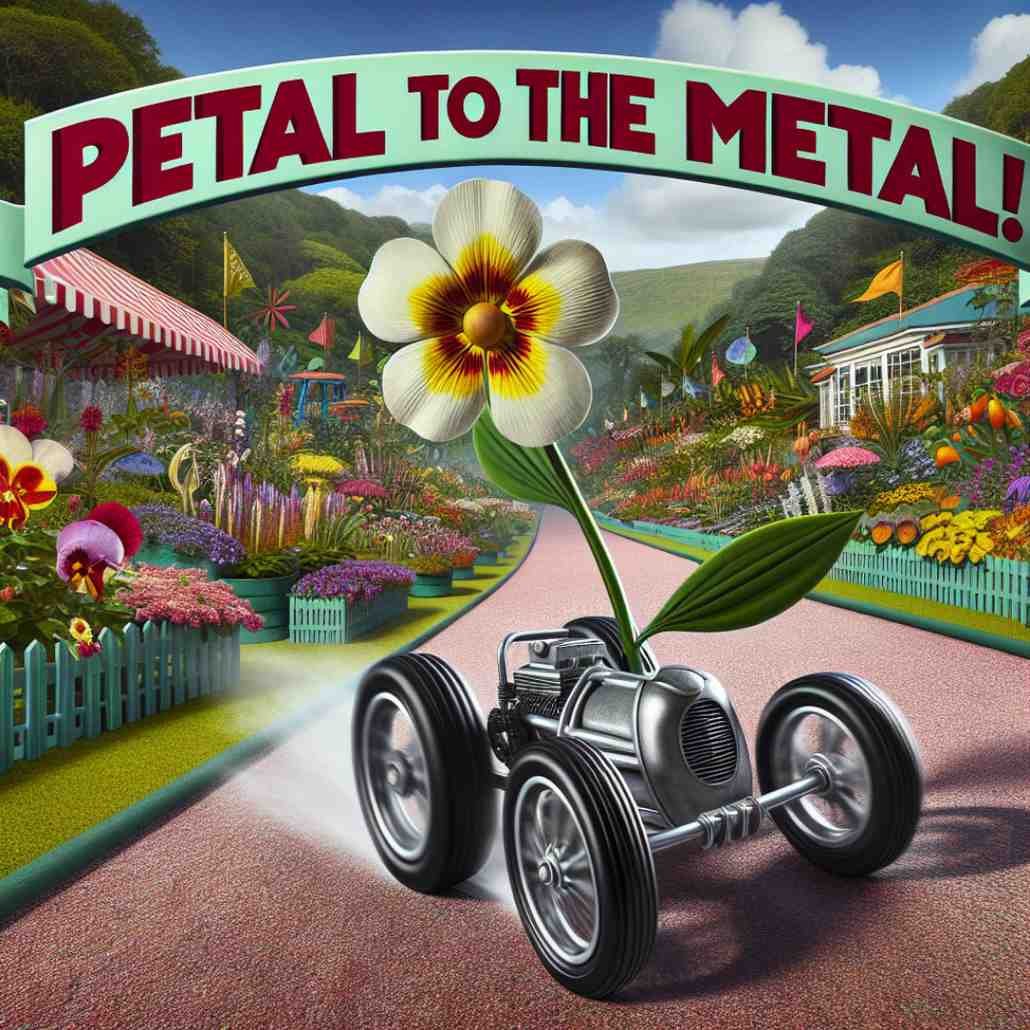 Flower with wheels racing down a garden path. Caption: 'Petal to the metal'.