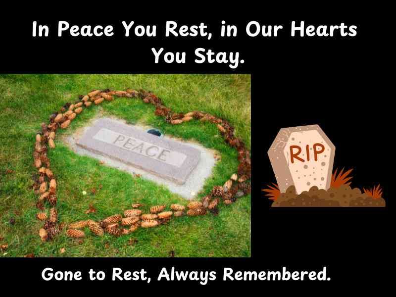 A gravestone surrounded by heart-shaped stones with "Rest in Peace" and memorial quotes.