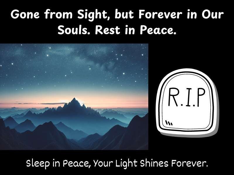 Serene mountain landscape with RIP symbol and comforting memorial quote.