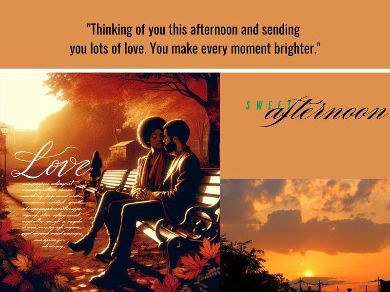 Romantic couple sitting on a bench in a sunlit park with warm afternoon tones and love message.