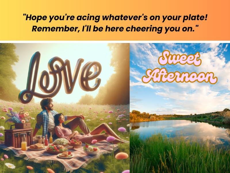 Couple enjoying a romantic picnic with “Love” and “Sweet Afternoon” text in a bright field setting.