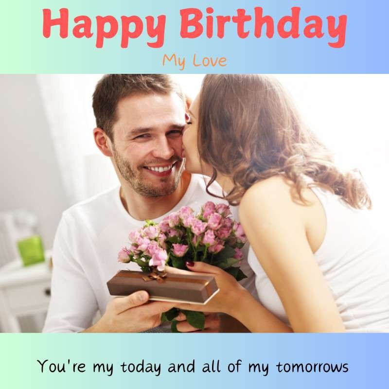Woman kissing man on his birthday while giving a gift and flowers.