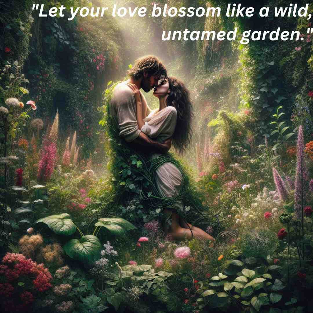 Couple embracing in a lush, magical garden filled with wildflowers.