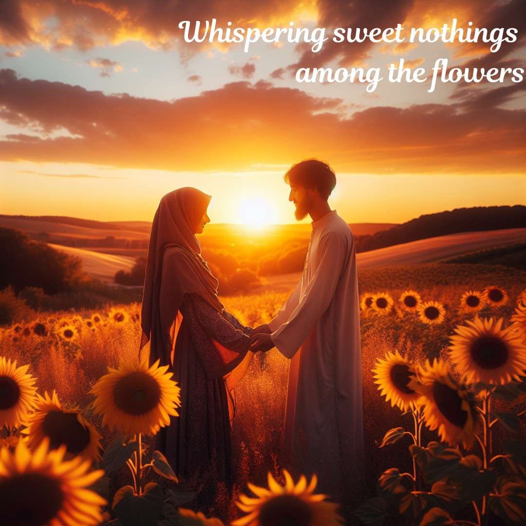 Romantic couple holding hands in a sunflower field at sunset.