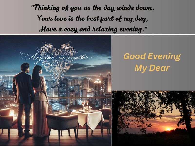 Romantic good evening message with a couple at a rooftop dinner and a sunset background.