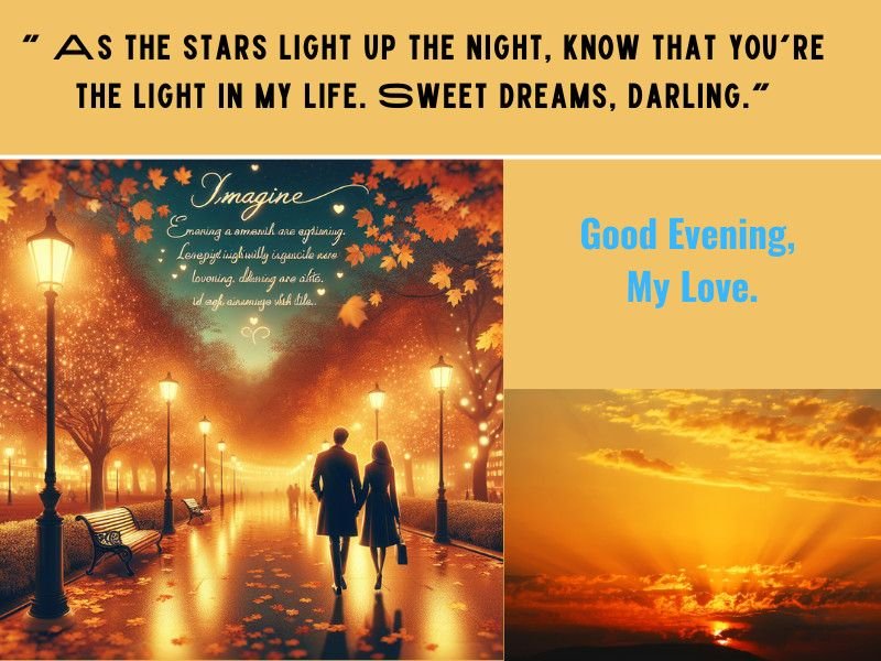 Romantic evening message with a couple walking under streetlights and a golden sunset view.