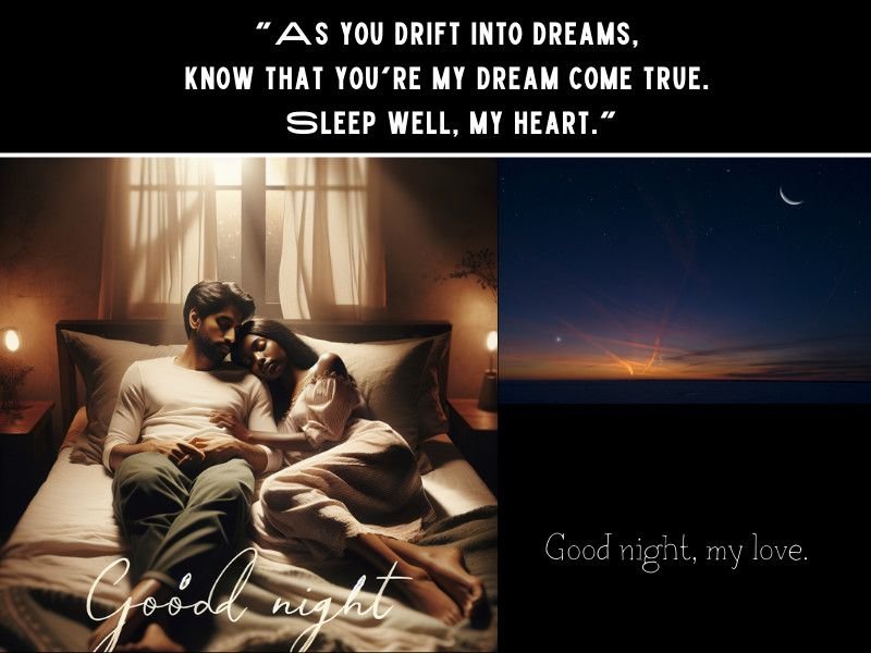 Romantic good night message with a couple cuddling in bed and a sunset view.