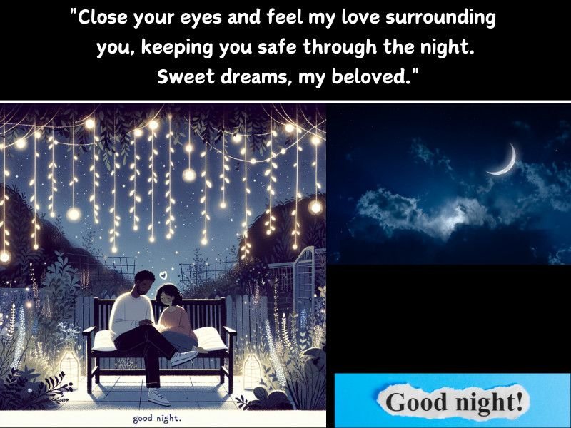 Romantic good night message for him with a city view, starry sky, and cozy couple.