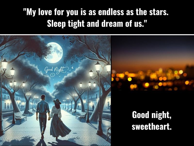 Romantic good night message showing a couple walking under a starry sky with city lights.