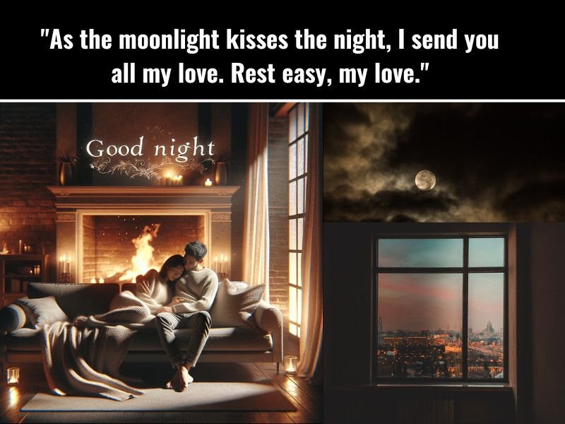 Romantic good night message showing a couple cuddling indoors with a moonlit window view.