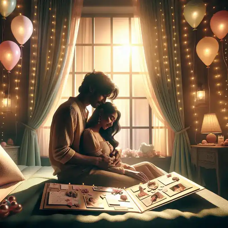 Romantic couple sitting closely on a bed, looking through a photo album in a warmly lit, decorated room.