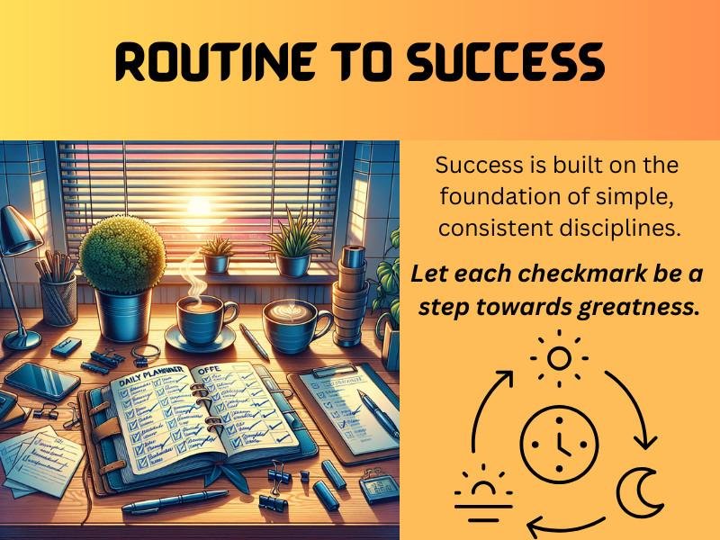 Desk with planner and coffee, highlighting the power of daily routines and discipline.