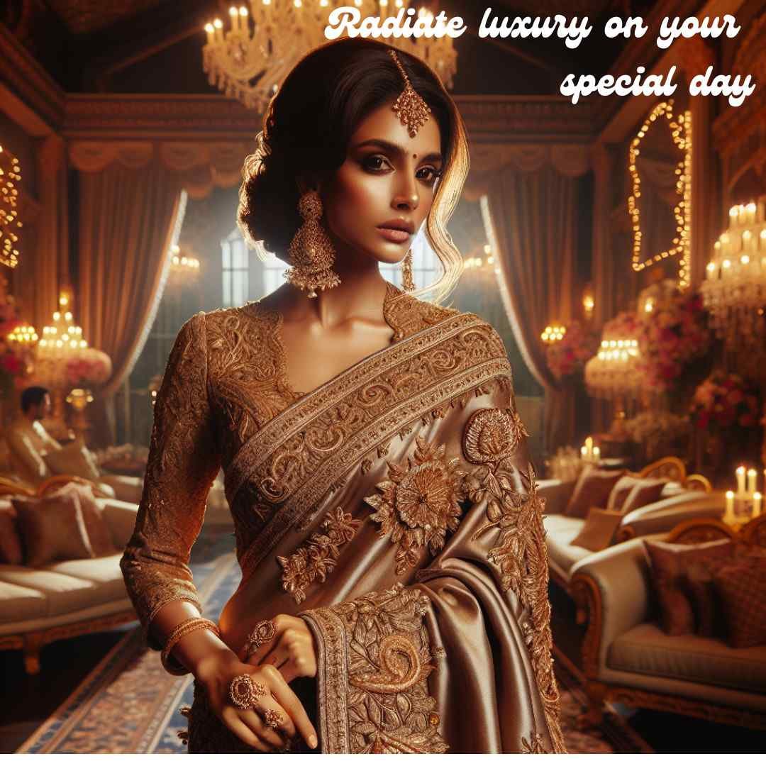 Bride in a royal embroidered saree in a luxurious setting