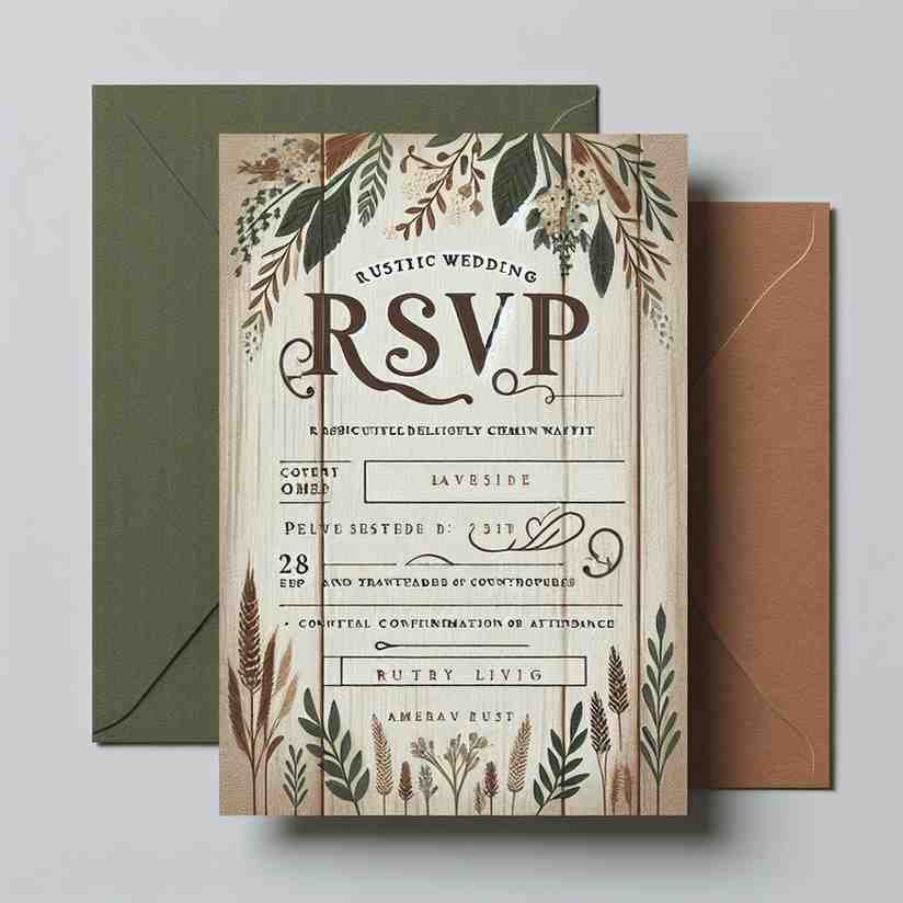 ustic RSVP card with botanical illustrations and earthy tones.