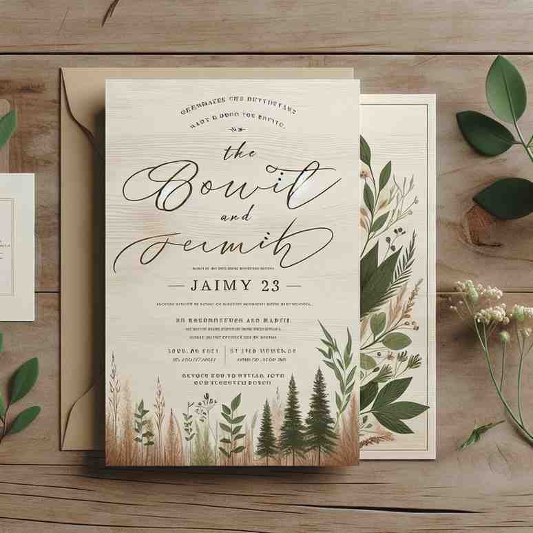 Rustic wedding invitation with nature-inspired greenery and forest elements.