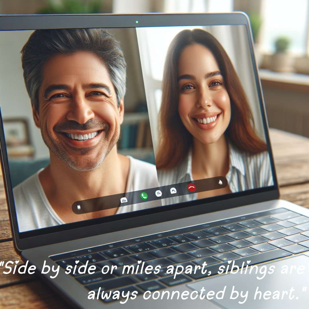 Smiling siblings on a video call displayed on a laptop screen