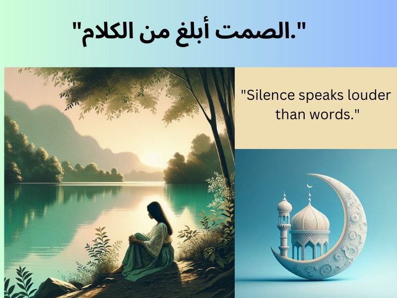 Serene lake scene with a woman sitting in reflection, paired with the Arabic quote "الصمت أبلغ من الكلام" and its English translation "Silence speaks louder than words."