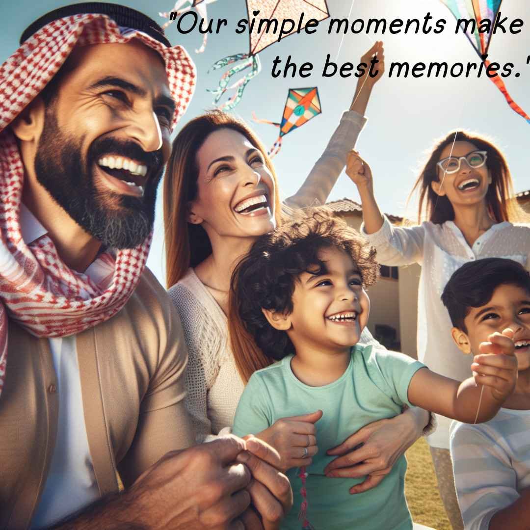 Family flying kites together in a sunny backyard.