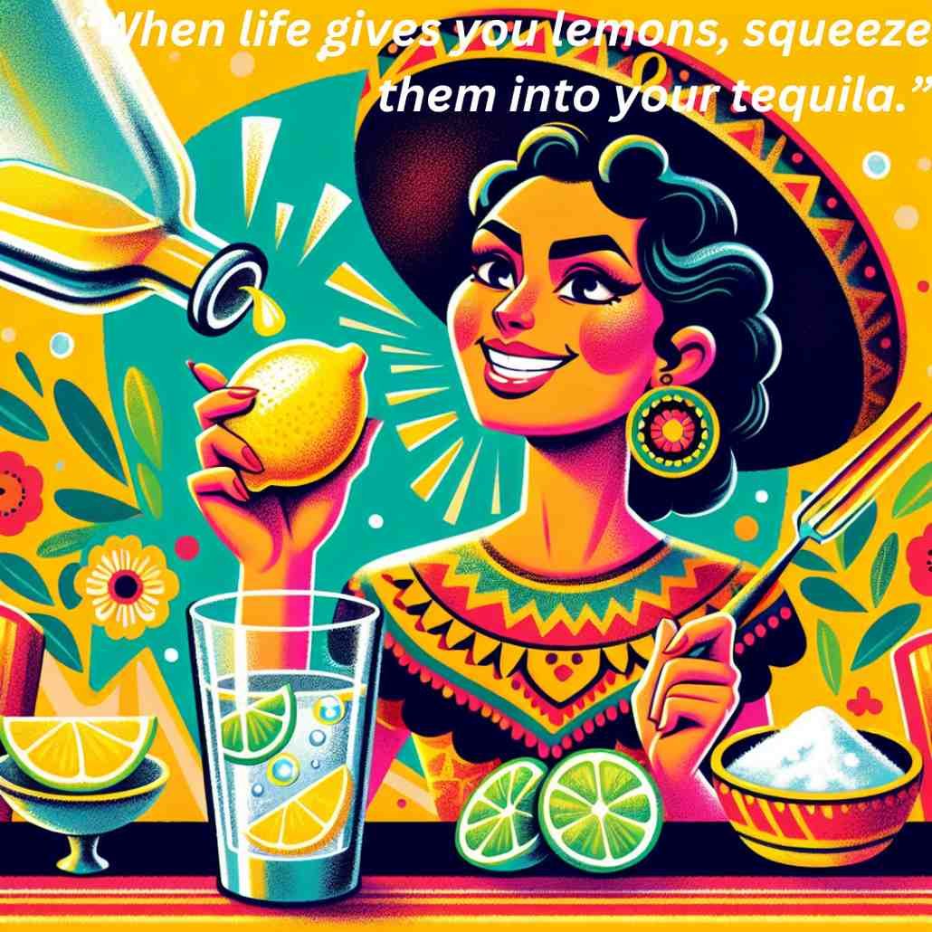 A person with a playful expression holding a lemon and a tequila glass, perfect for smile captions for Instagram.