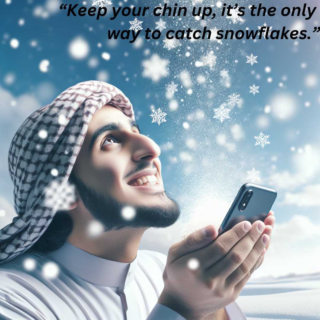 Smiling Arab man looking up at falling snowflakes while holding a phone