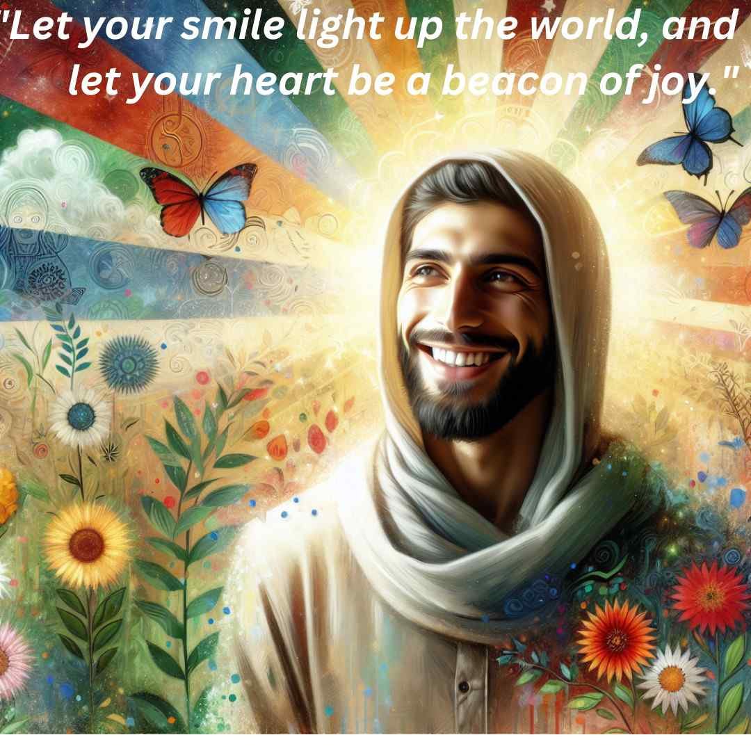 Smiling man with flowers, butterflies, and sunshine