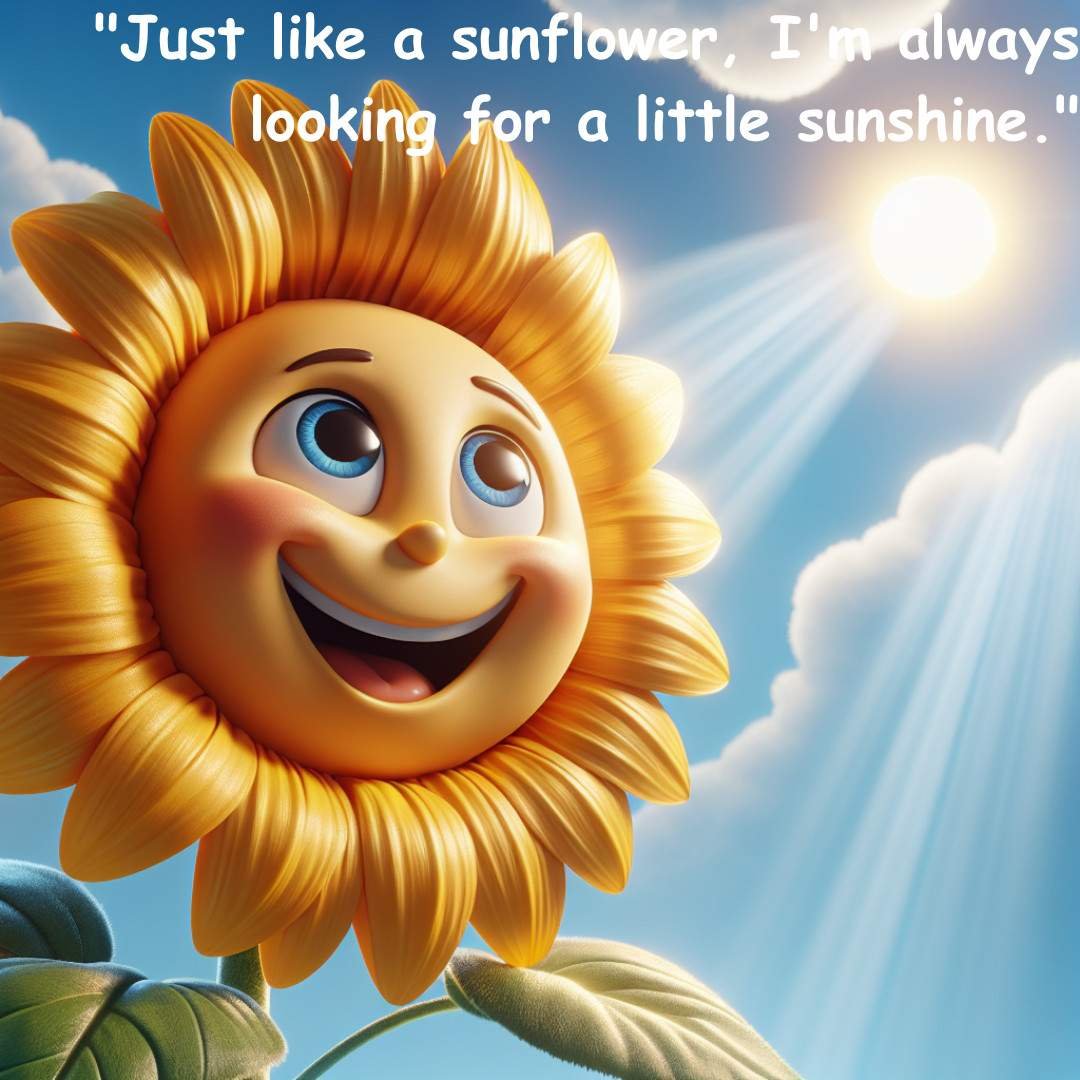 Happy cartoon sunflower smiling under bright sunshine with an inspirational quote.