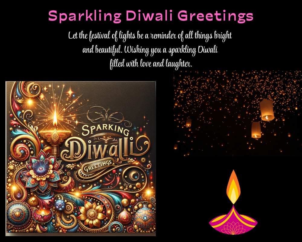 Sparkling Diwali greeting card with festive lights and traditional diya.