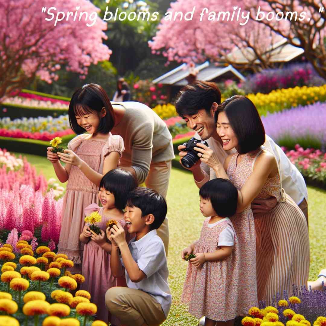 Family enjoying spring flowers together in a blooming garden