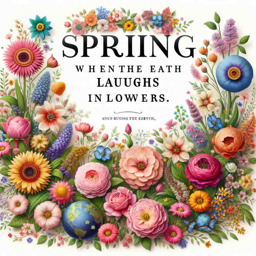 Colorful spring flowers surrounding the quote “Spring: When the Earth laughs in flowers.”