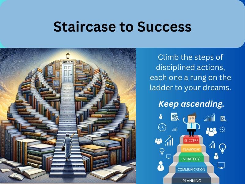 Motivational image showing a staircase made of books with a quote about discipline leading to success.