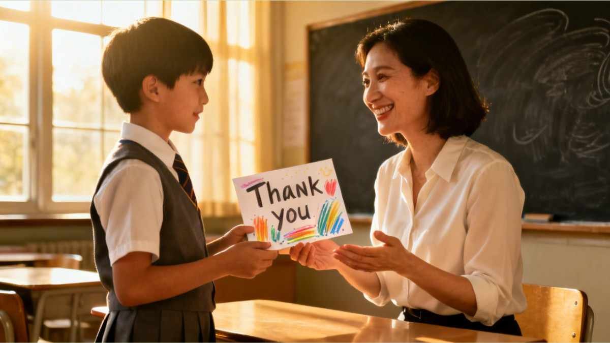 Student giving thank you card during heart touching birthday wishes for teacher celebration