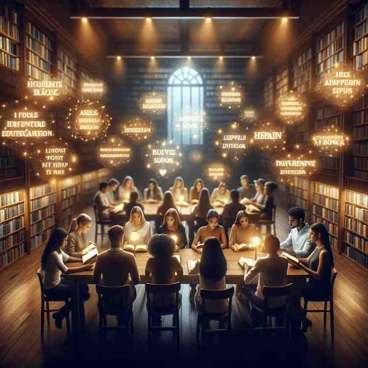 Students studying together under warm chandeliers in a grand, ornate library.