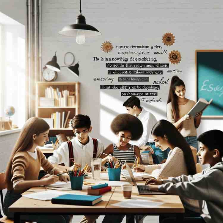 Group of students working together in a modern classroom with an inspirational quote on the wall.
