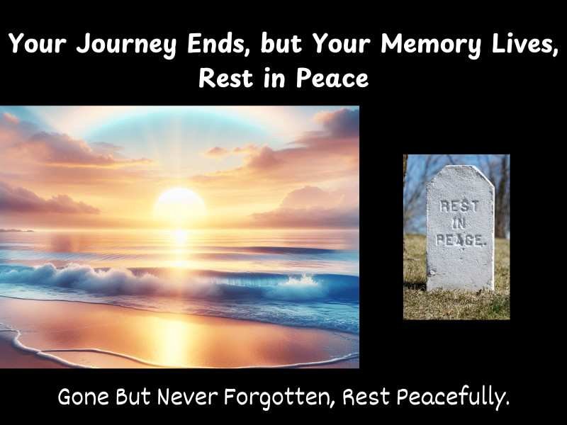 Serene sunset over ocean with a gravestone and remembrance message about lasting memories.