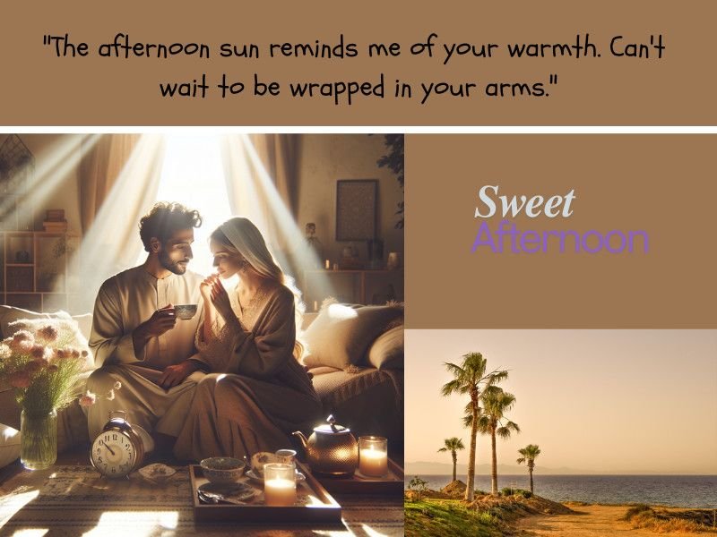 Romantic couple sitting together in afternoon light with a heartfelt love message and palm tree beach scene.