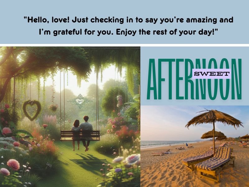 Couple sitting on a garden bench with a romantic afternoon message and tropical beach view.