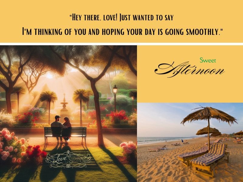 Couple sitting on a bench in a glowing park with a sweet afternoon message and a peaceful beach view.