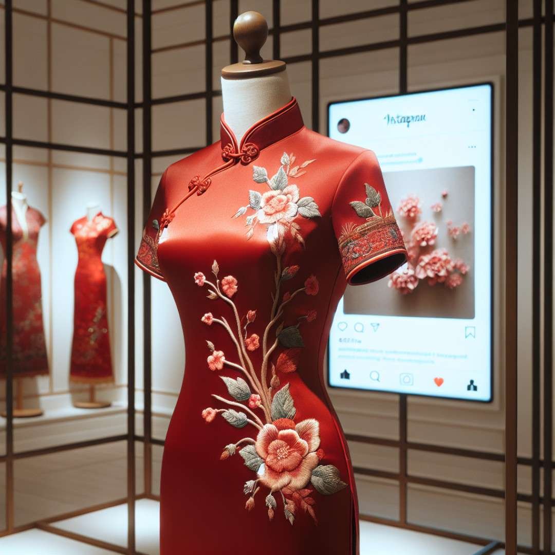 Traditional Chinese red dress with floral embroidery on a mannequin