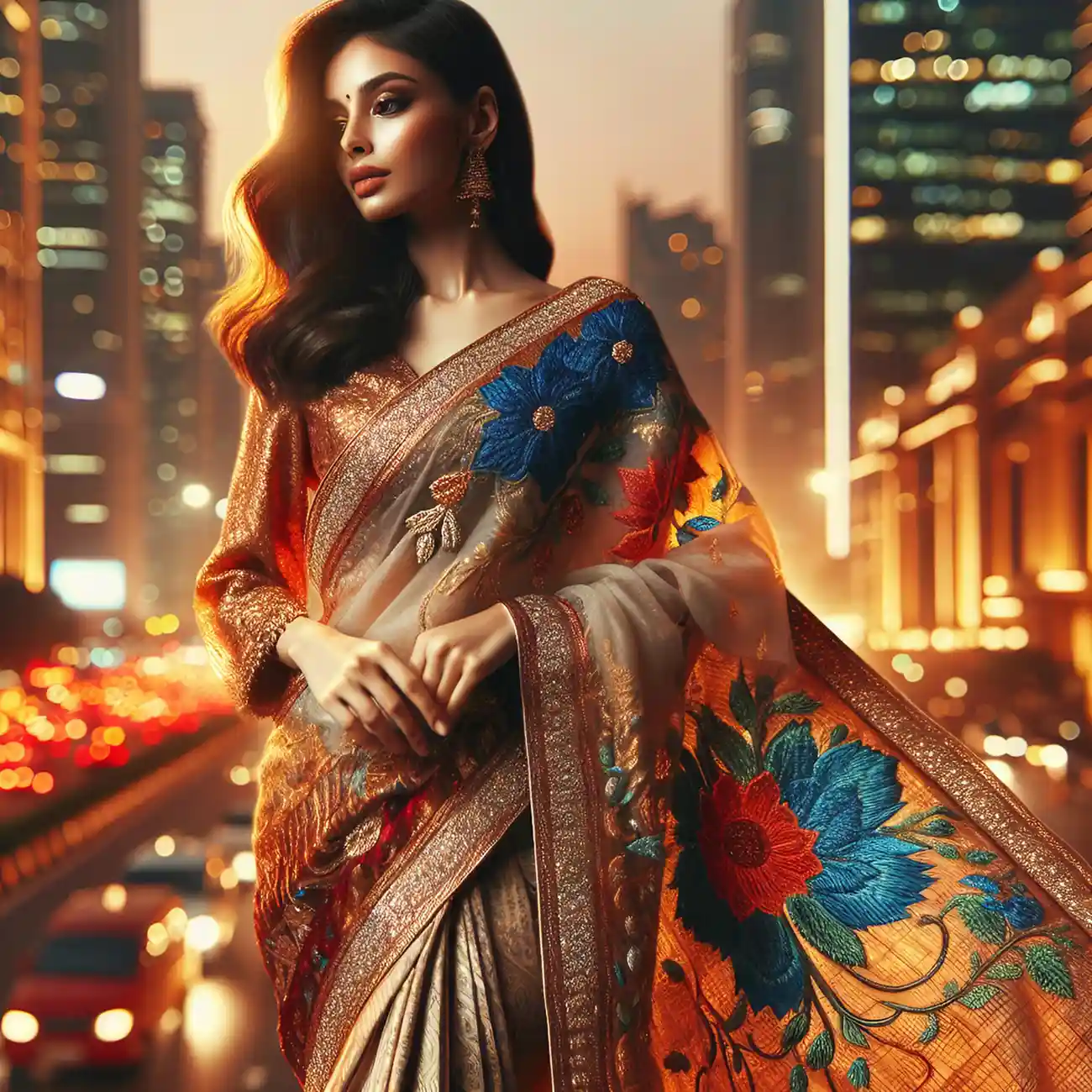 Woman in floral saree standing confidently in a vibrant cityscape