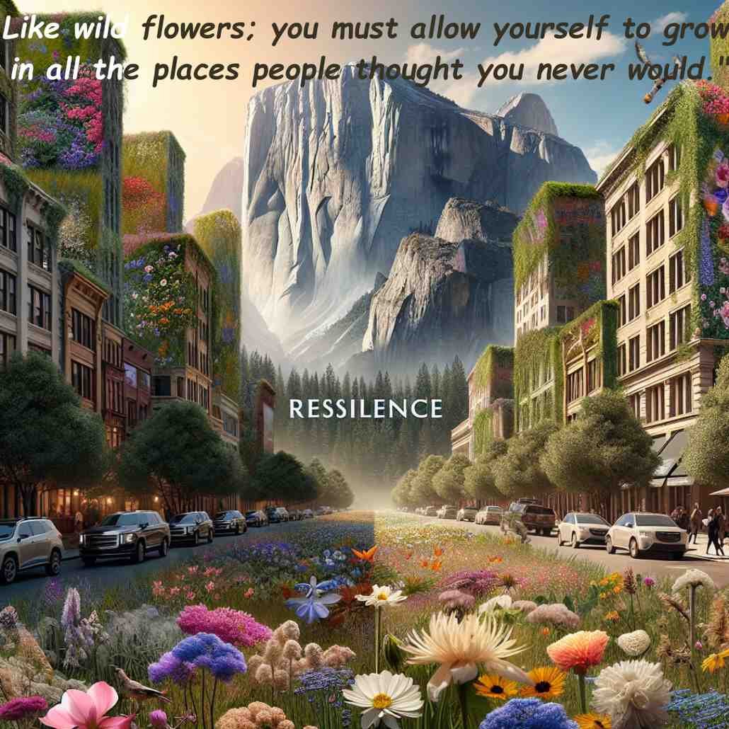 Flowers blooming on a city street with mountains in the background and a resilience quote.